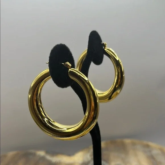 Sleek Gold Hoop Earrings with Modern Design 1 1/2” Round. Gold Tone Earrings - Picture 2 of 10
